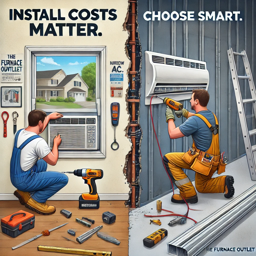 Split image of a DIY window AC installation and a professional TTW AC wall cutout illustrating labor differences.