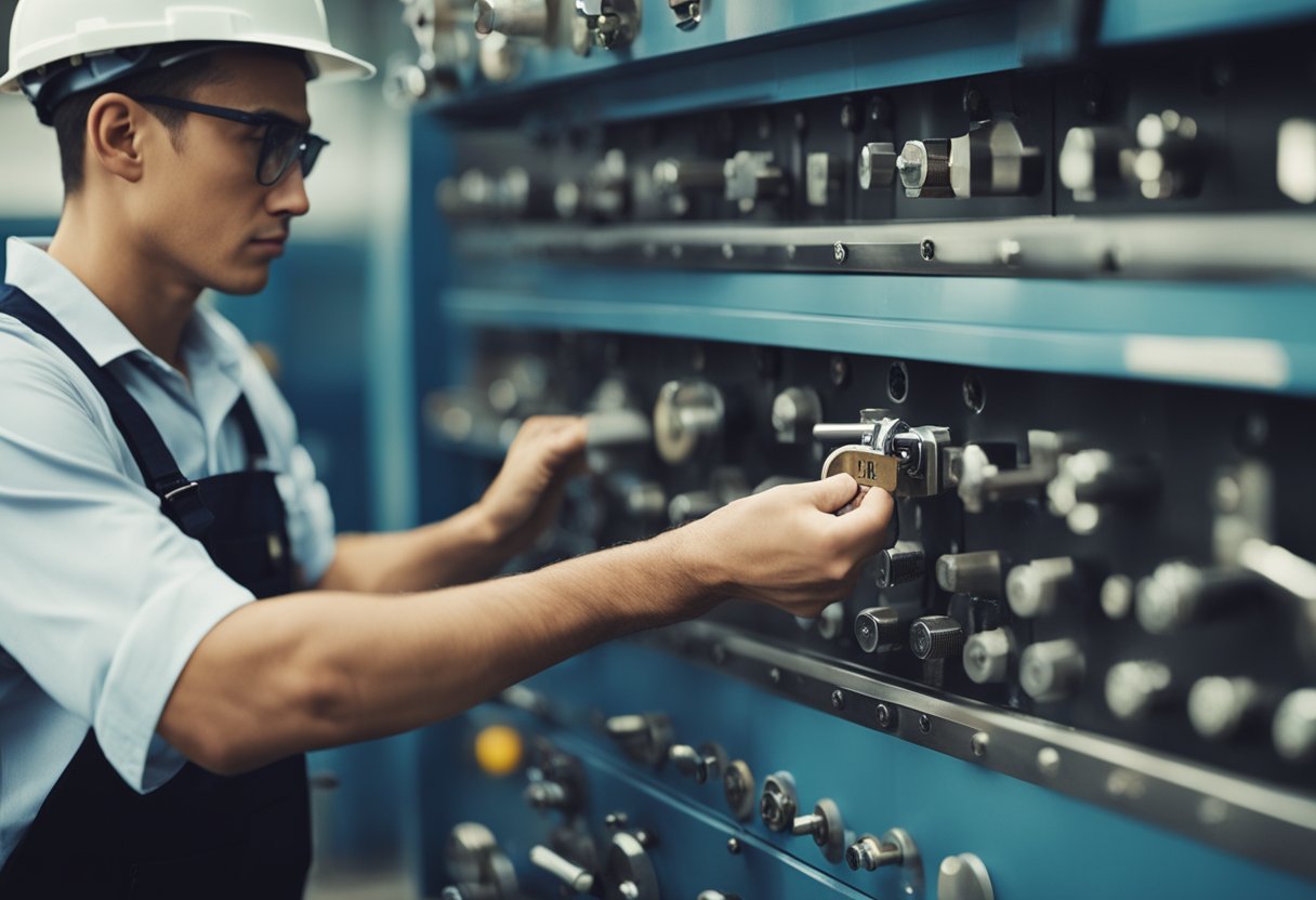 A worker placing a lock on a piece of machinery and attaching a tag to indicate it is out of service