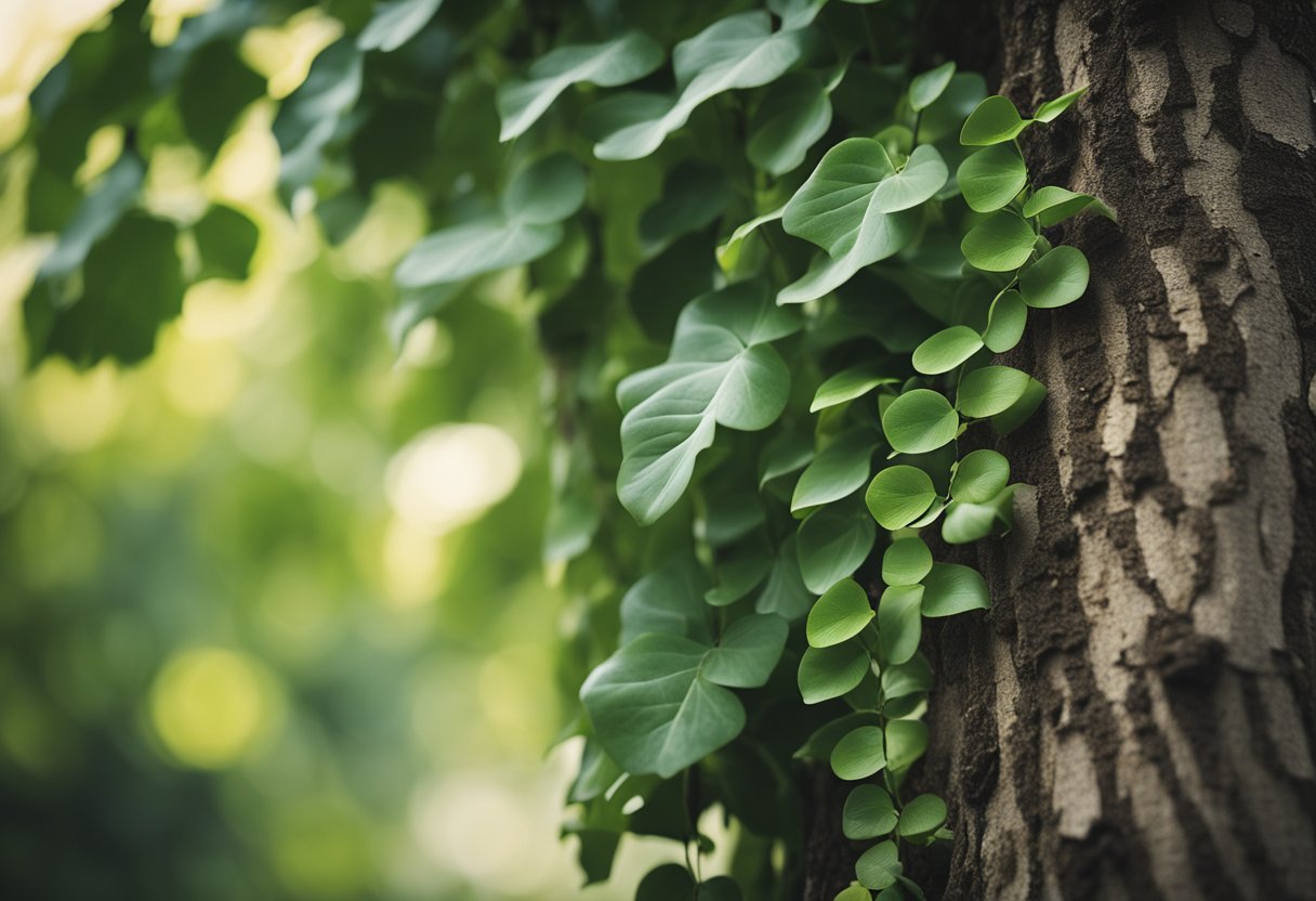A lush, green vine grows and winds its way up a sturdy tree trunk, symbolizing the organic and gradual growth of natural link building