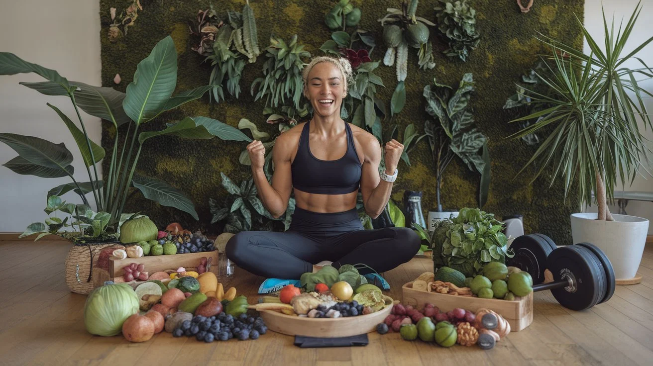 A happy, fit individual celebrating their success, surrounded by a variety of plant-based foods and workout equipment.