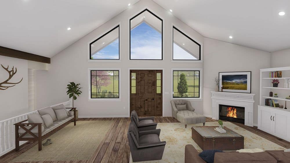 Living room with a vaulted ceiling, hardwood flooring, clerestory windows, comfy seats, and a corner fireplace.