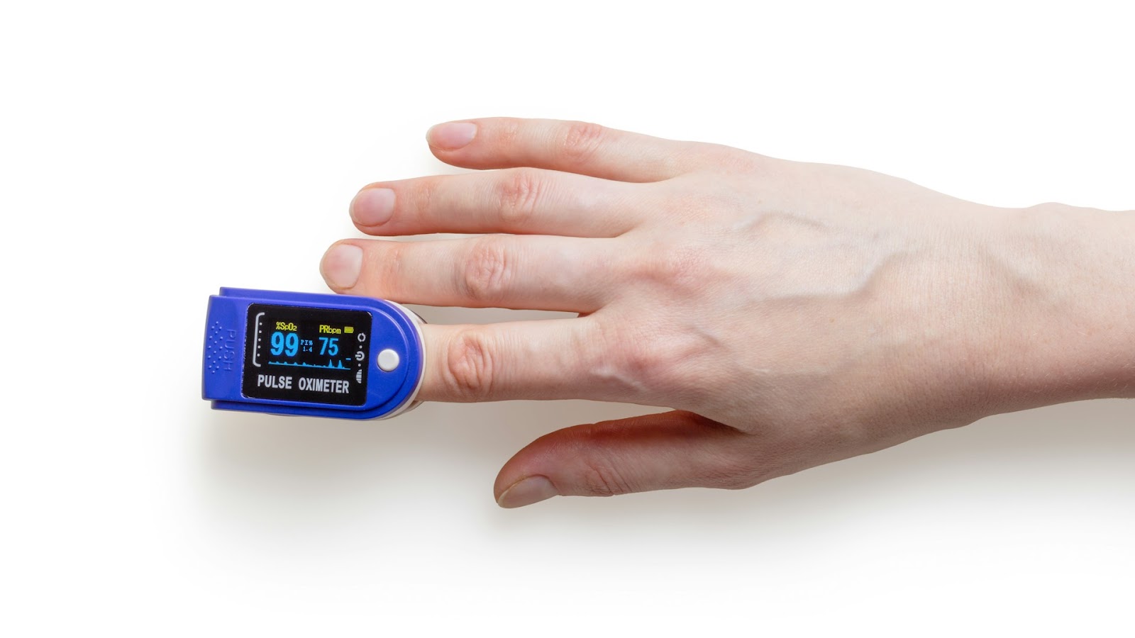 hand with pulse oximeter on index finger showing 99% oxygen saturation and pulse of 75 bpm