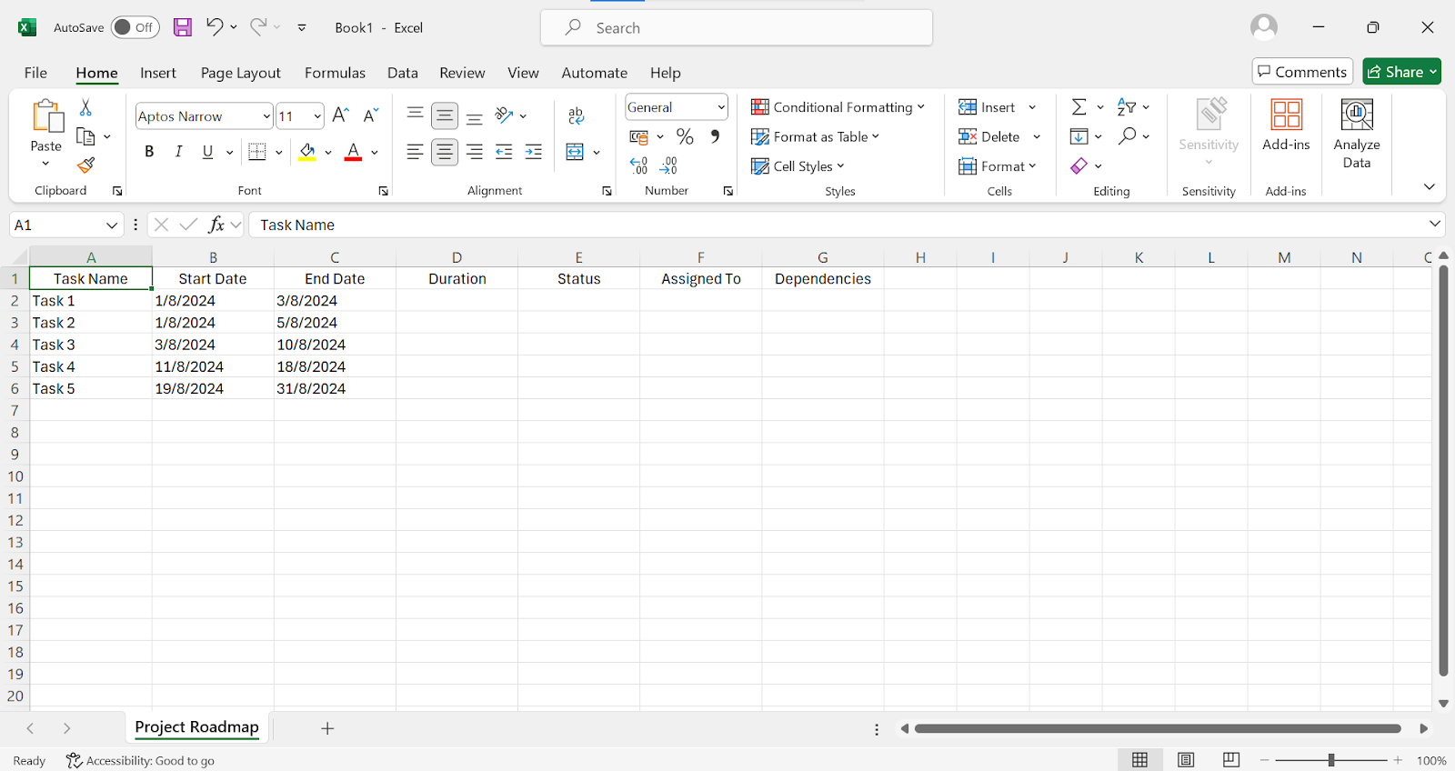 Enter the start and end dates for each task