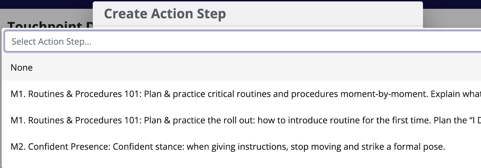 Screenshot of creating a Get Better Faster action step within the SchoolMint Grow dropdown menu