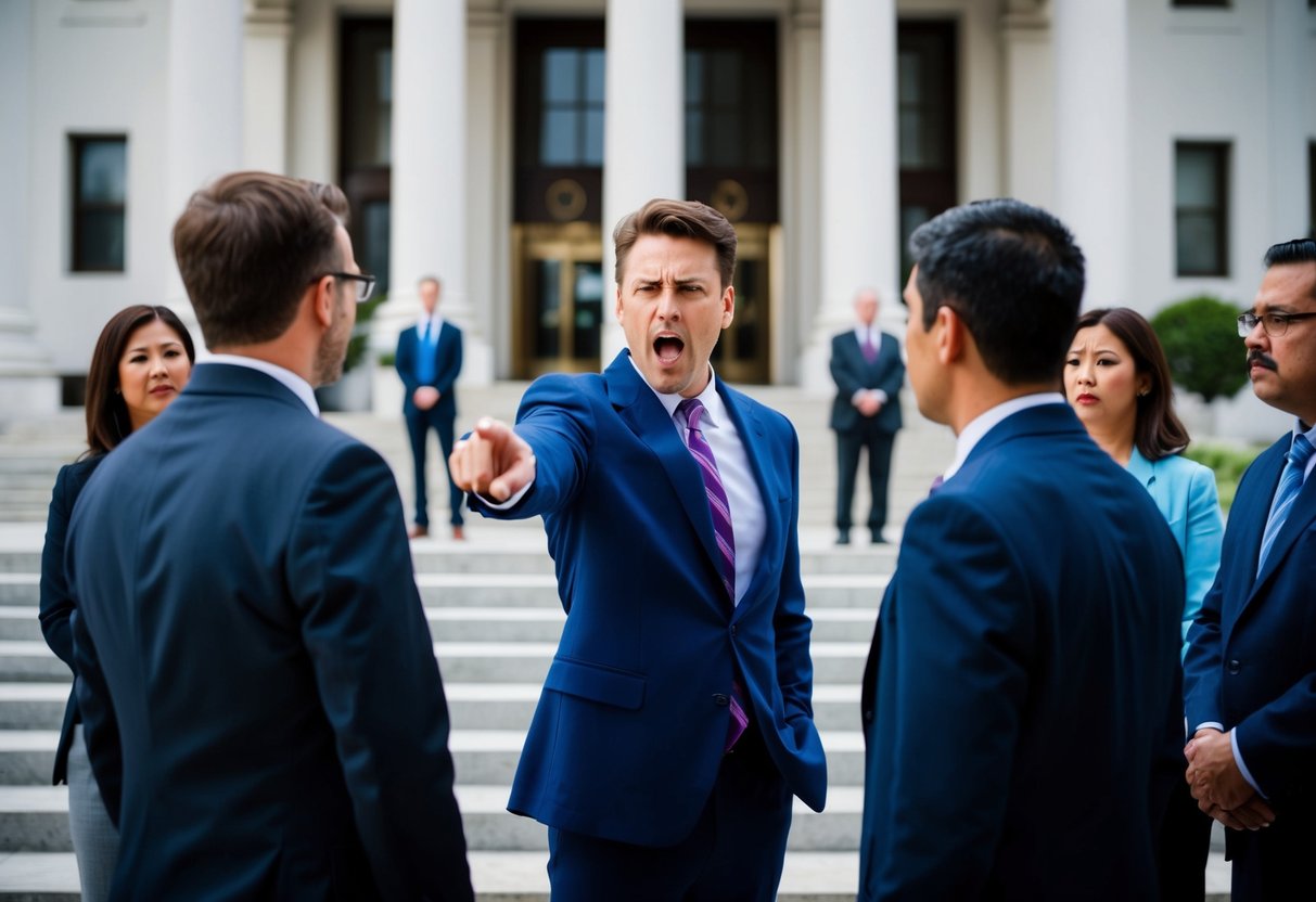 A person standing in front of a courthouse, pointing angrily at another person while surrounded by onlookers and a lawyer