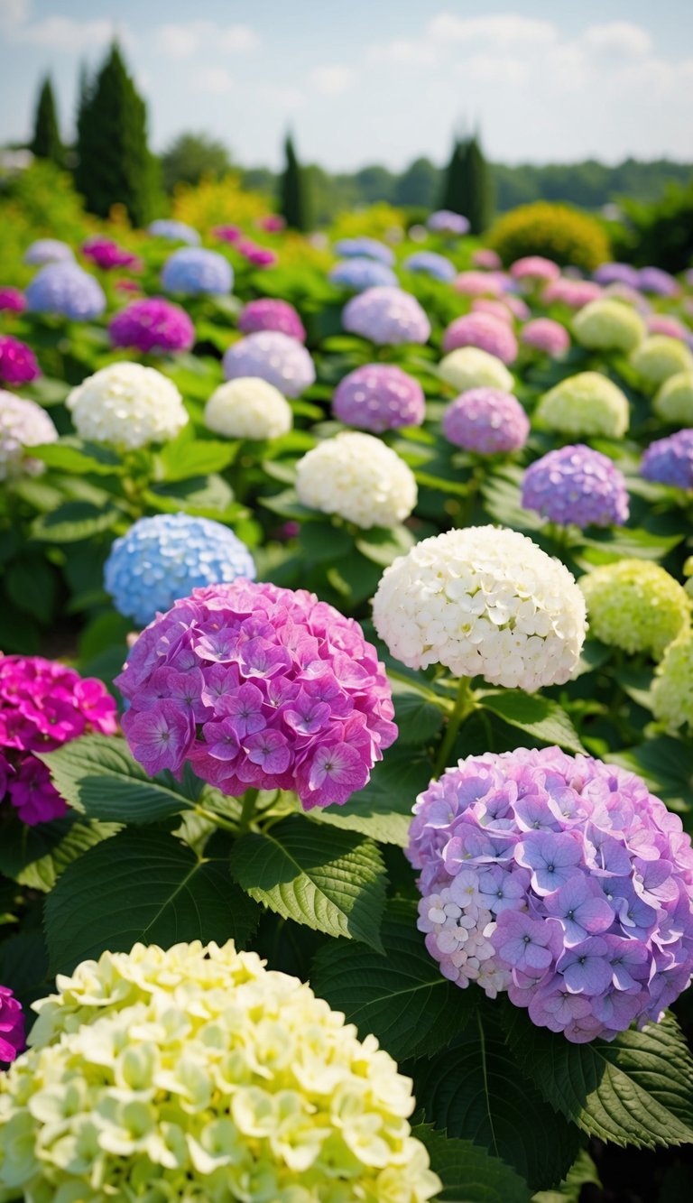 A garden of hydrangeas in various colors, creating a fairy tale-like landscape with intricate lacecap blooms