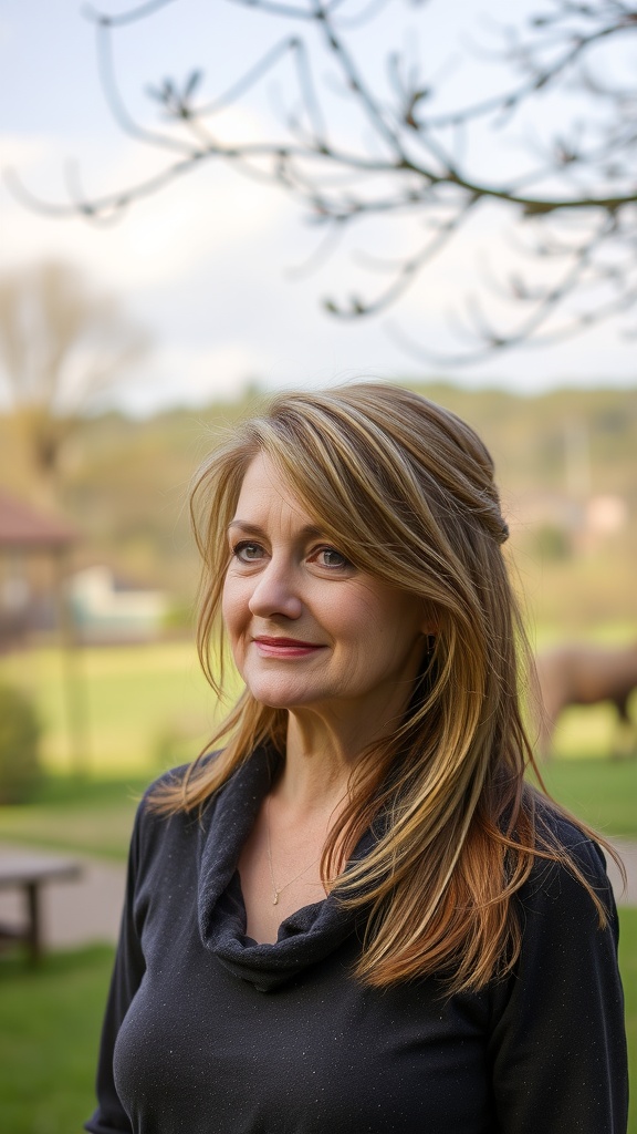 A woman with half-up half-down hairstyle smiling outdoors.