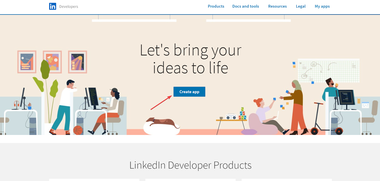 LinkedIn’s Developer Account portal showing the “Create app” button