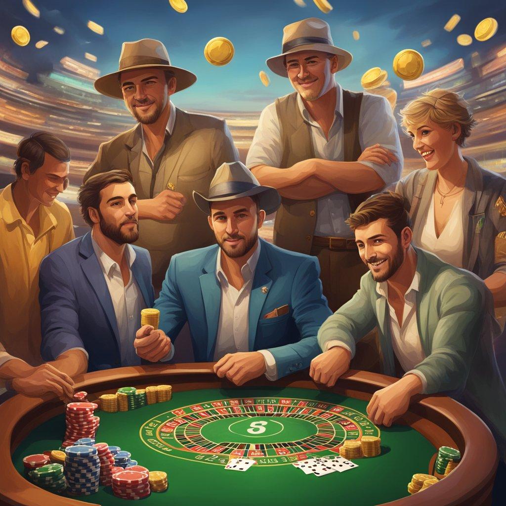 A group of Australian players engaging in various forms of gambling, surrounded by symbols of cultural and social influences in the country