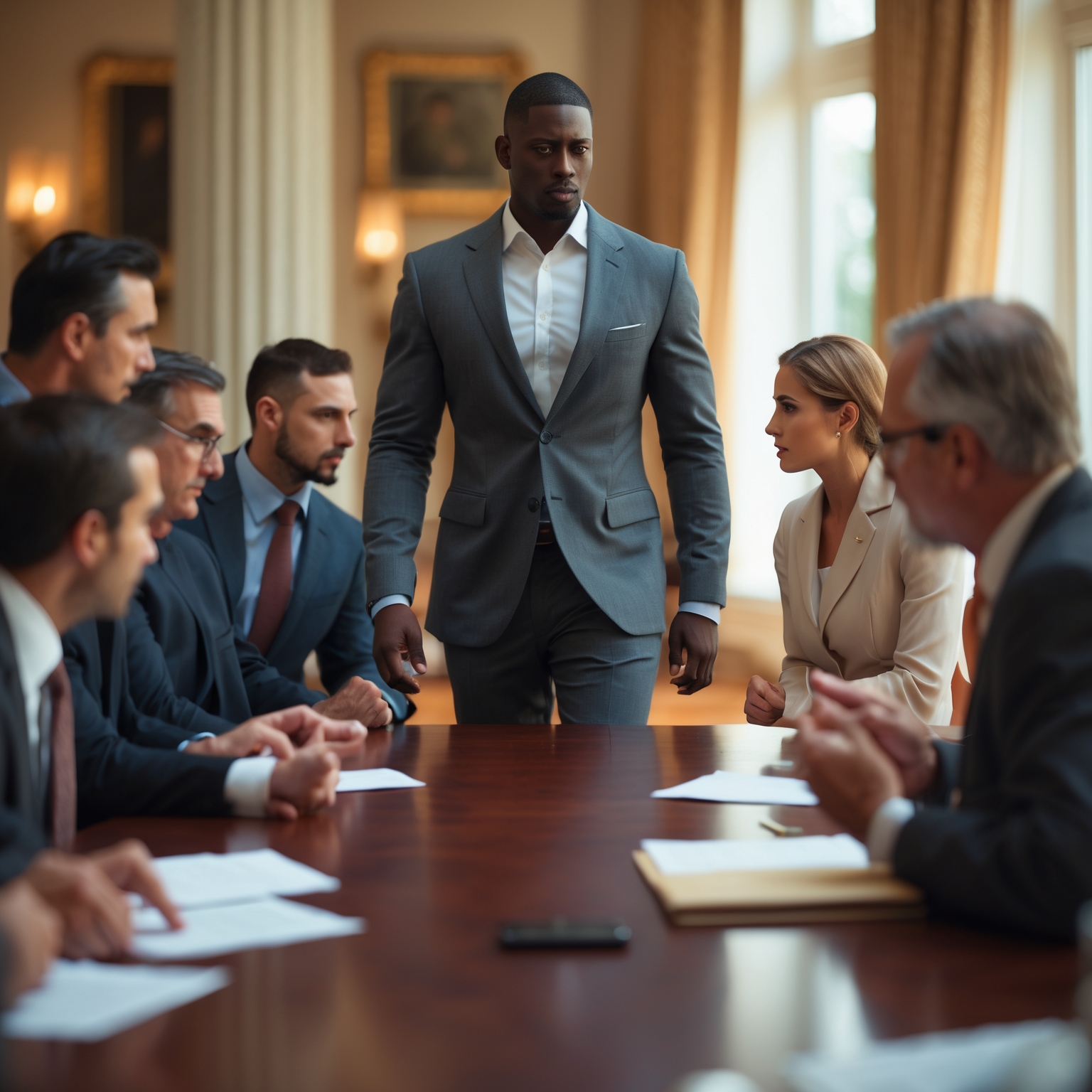 A confident man walking away from a negotiation table while others argue over his worth – Symbolizing that he refuses to let others dictate his value.