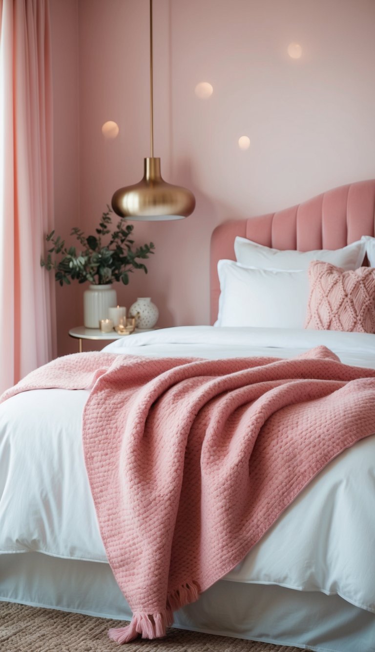 A cozy pink throw blanket draped over a bed in a serene pink bedroom with soft lighting and decorative accents