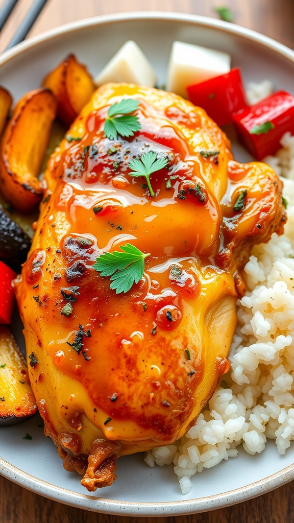 Baked honey mustard chicken served with roasted vegetables and rice on a plate, garnished with parsley.
