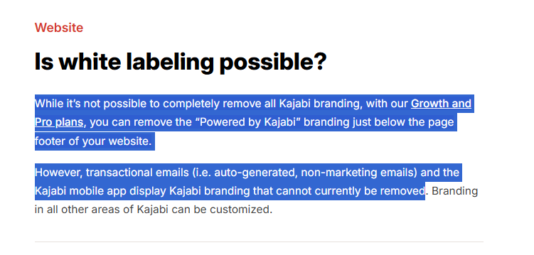 kajabi documentation showing that it doesn't support full white-labeling 