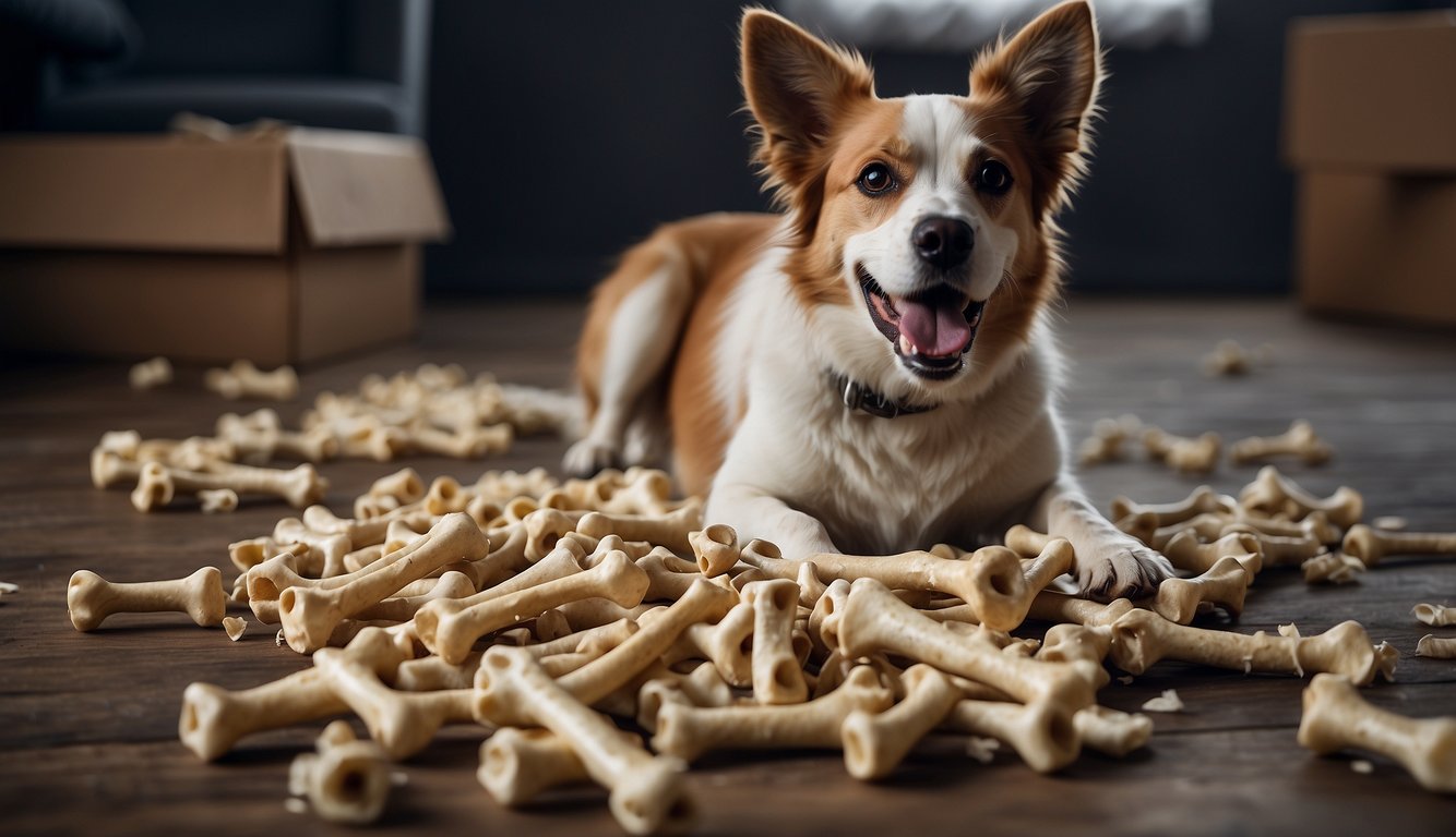 A pile of sturdy, gnawed dog bones scattered on the floor, surrounded by torn packaging and a happy, contented dog in the background