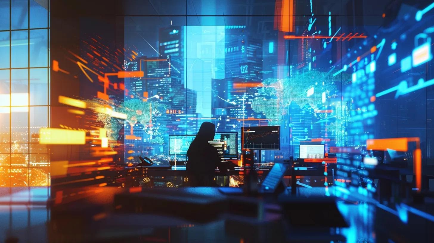 a dynamic urban office setting featuring a focused individual surrounded by vibrant marketing materials and digital analytics, embodying strategic creativity and engagement in modern business tactics.