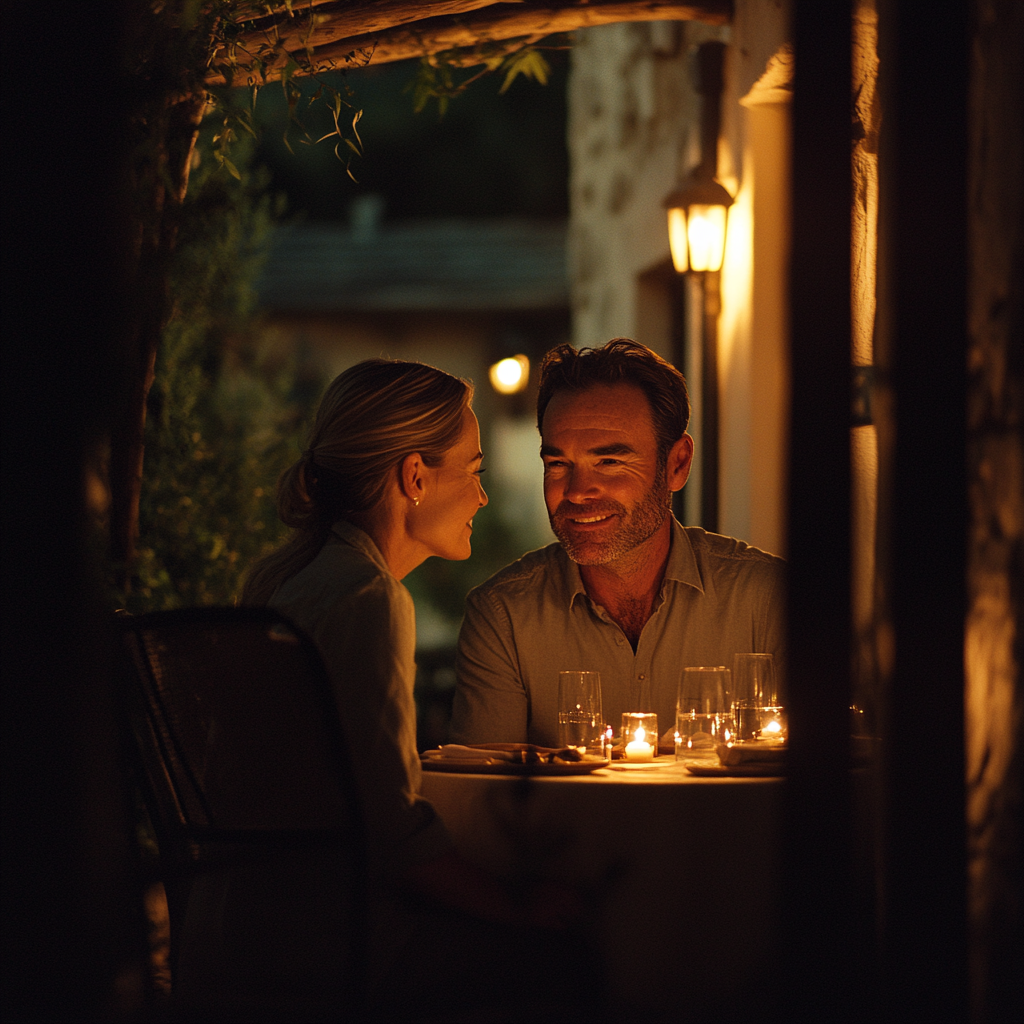 A man and woman sharing a candlelit meal | Source: Midjourney