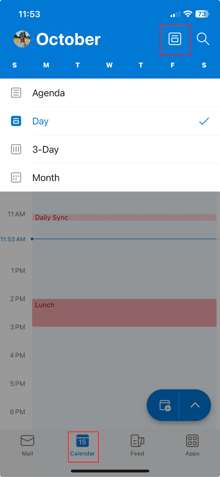 Switching between different calendar views in Outlook mobile. 