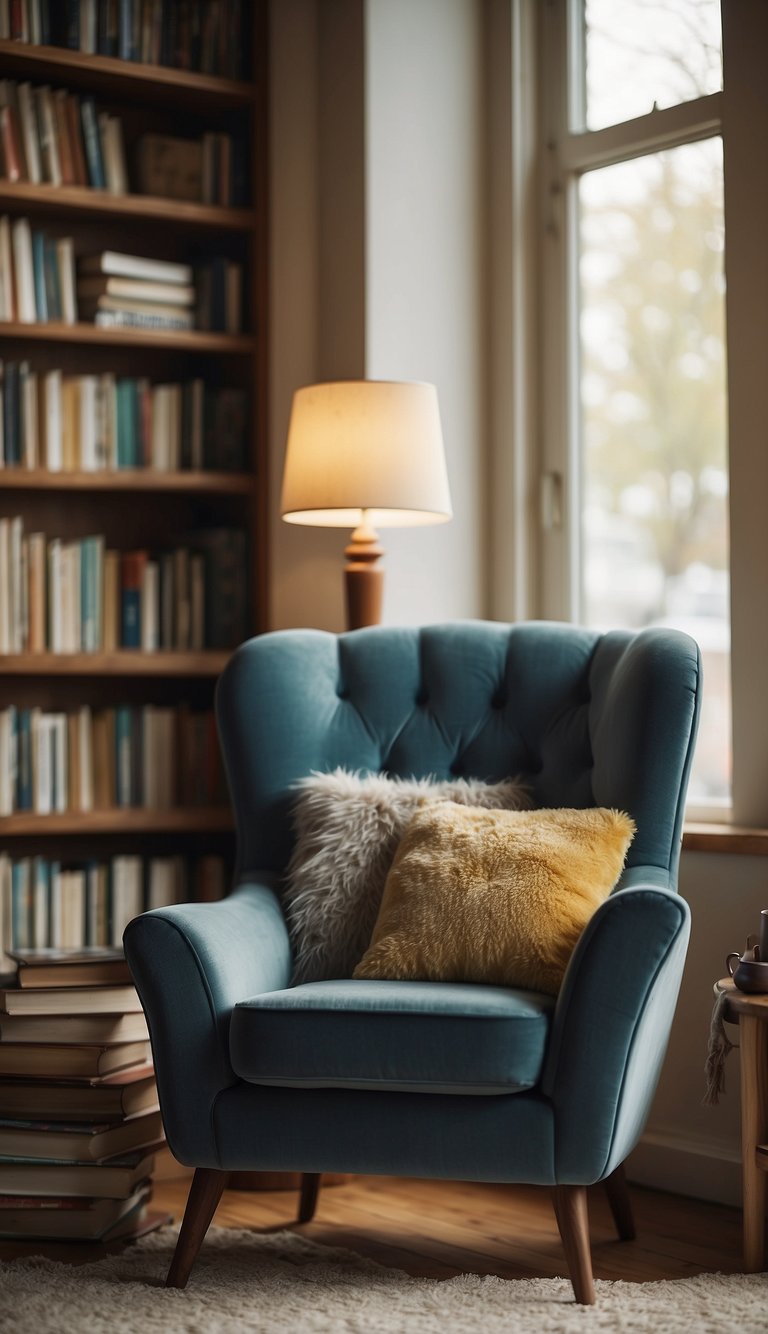 A plush armchair sits by a sunny window, surrounded by bookshelves and soft pillows. A warm rug covers the floor, and a small side table holds a cup of tea and a stack of books