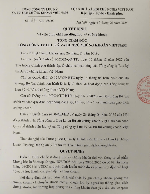 (VSDC) đã có Quyết định số 63/QĐ-VSDC về việc đình chỉ hoạt động lưu ký chứng khoán của VCI (Nguồn: Tổng công ty Lưu ký và Bù trừ chứng khoán Việt Nam (VSDC))