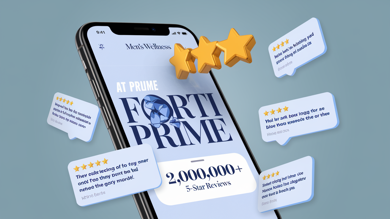 Create a realistic image of a smartphone displaying a men's wellness app for Forti Prime with a 5-star rating prominently shown at the top, surrounded by floating review bubbles showing positive user comments, and a counter showing "2,000,000+ 5-star reviews" in bold text, all set against a clean, professional blue background that conveys trust and credibility.