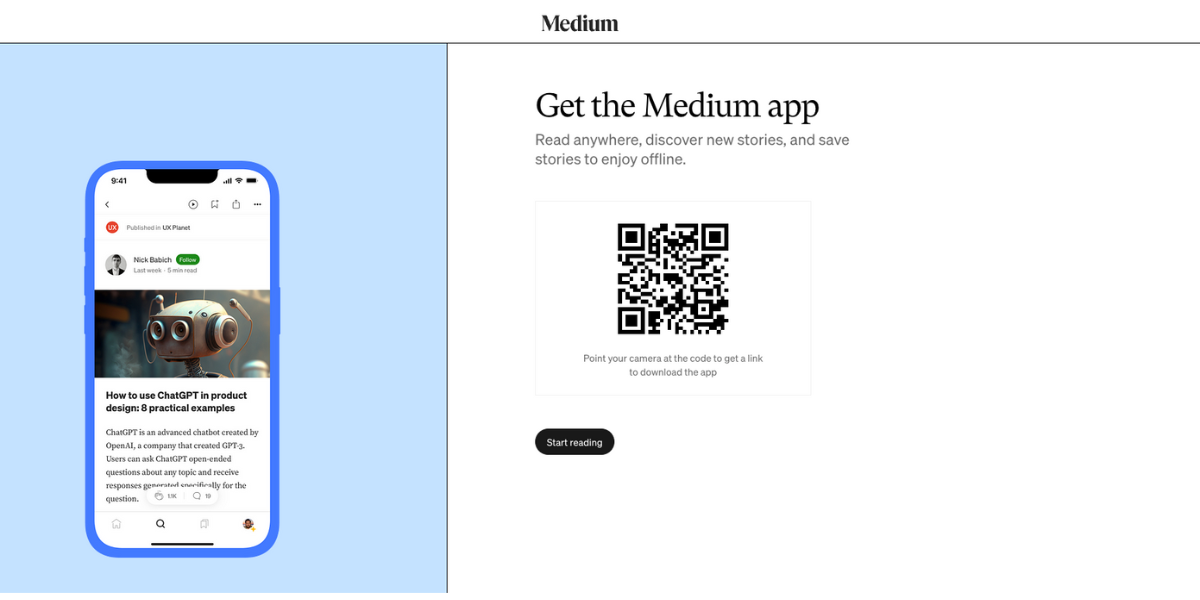 A screenshot of the Medium desktop website, featuring a QR Code.