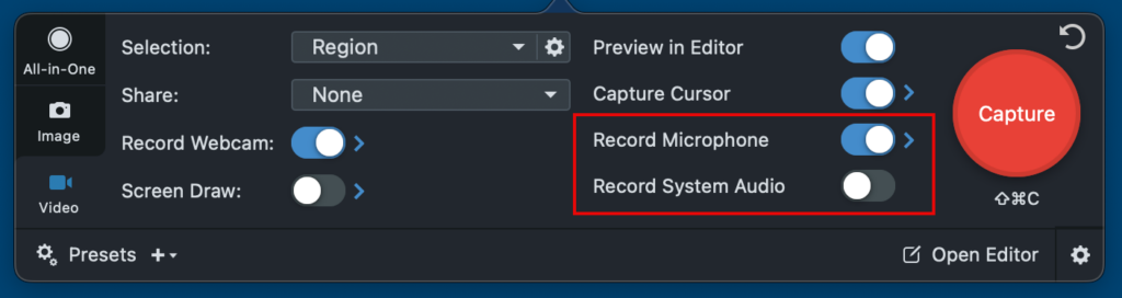 Record microphone and system audio with Snagit