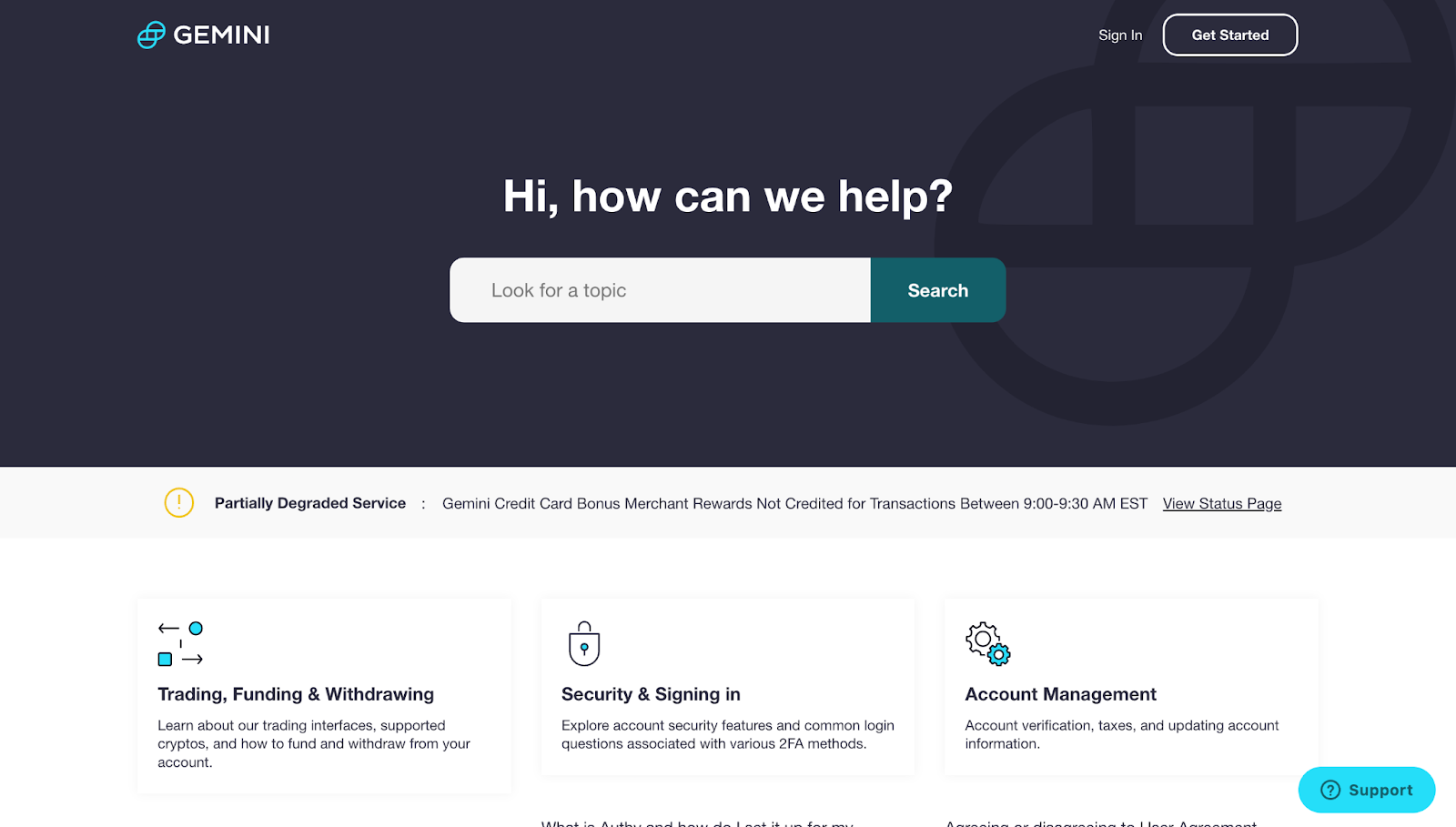 The Gemini help center, with search box and suggested topics.