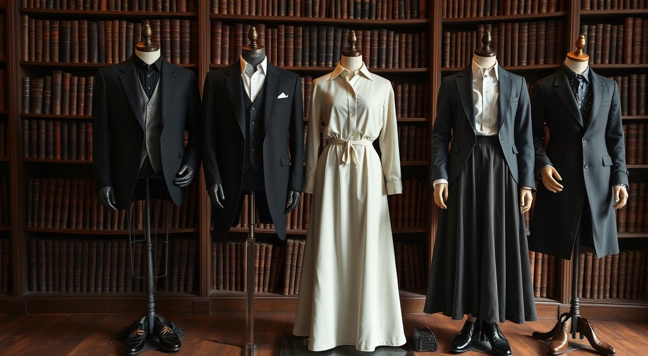 "Elegant dark academia outfits displayed on vintage mannequins, featuring tailored blazers, high-collared shirts, and long flowing skirts, accentuated by leather loafers, lace-up boots, and classic accessories like glasses and pocket watches, set against a moody library backdrop with rich wooden shelves filled with ancient books."