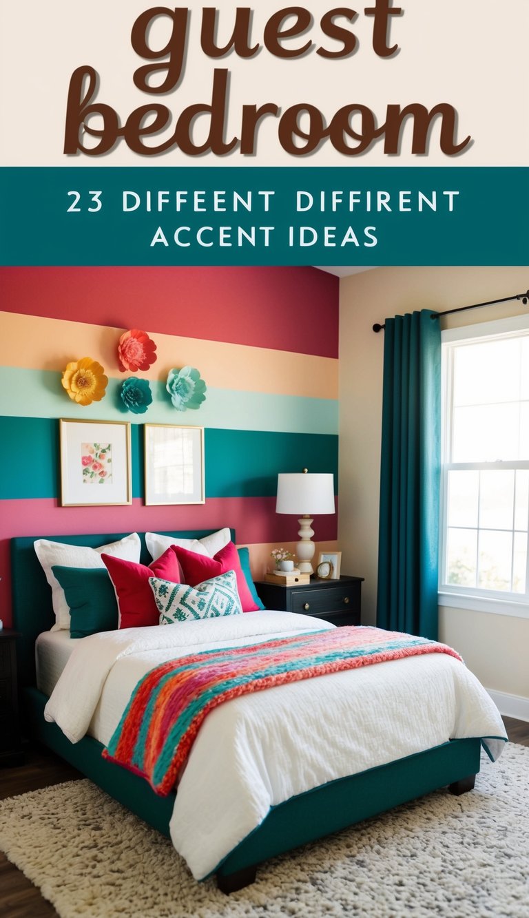 A cozy guest bedroom with a vibrant accent wall, featuring 23 different design ideas