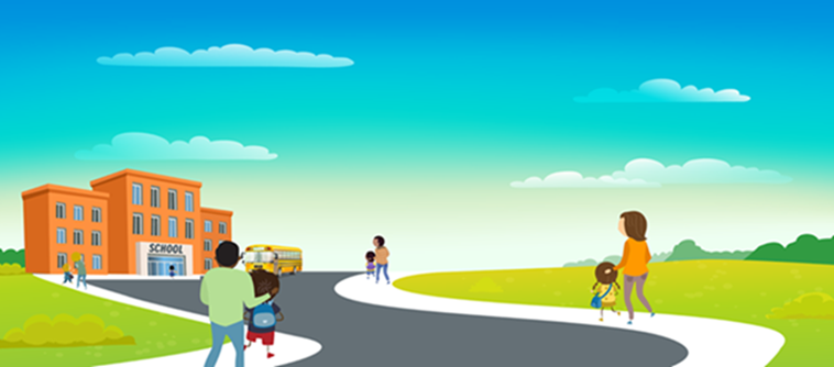 Graphic of students walking to school with their parents underneath a blue sky with white clouds. 