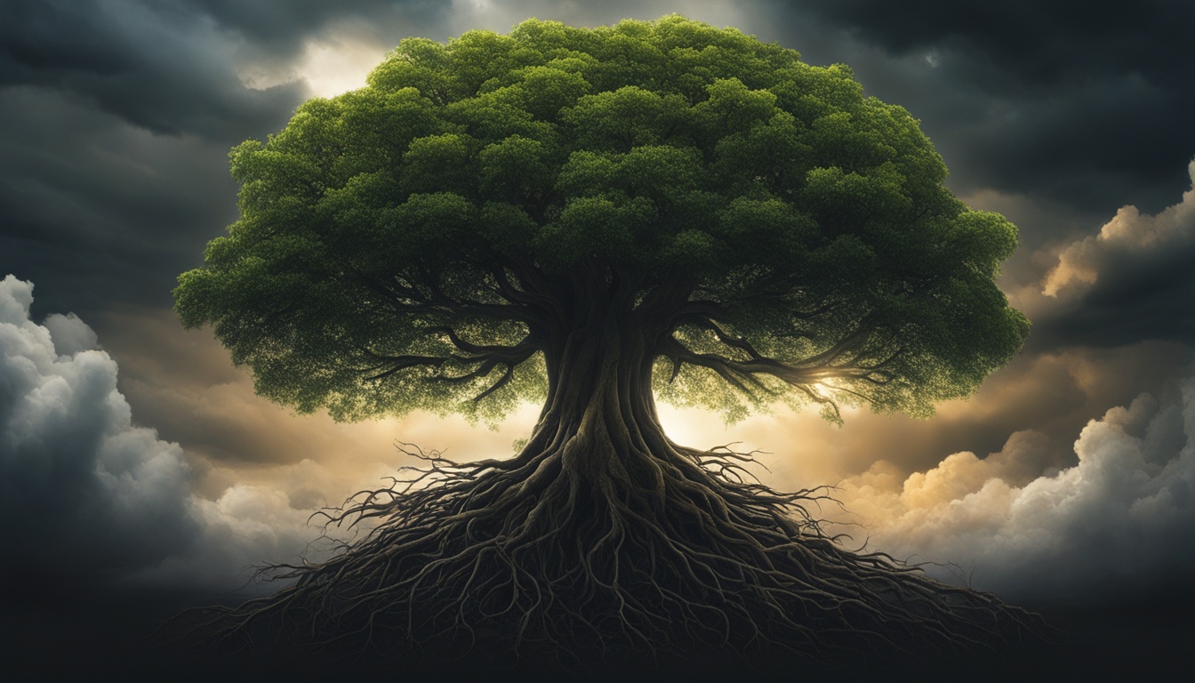 A tree growing from a seed, with the roots spread deep and the branches reaching high towards the sky. The tree is surrounded by dark storm clouds, but a small beam of sunlight shines through onto the leaves. The image should evoke a sense of strength, resilience, and patience as the tree trusts the process of growth despite obstacles.