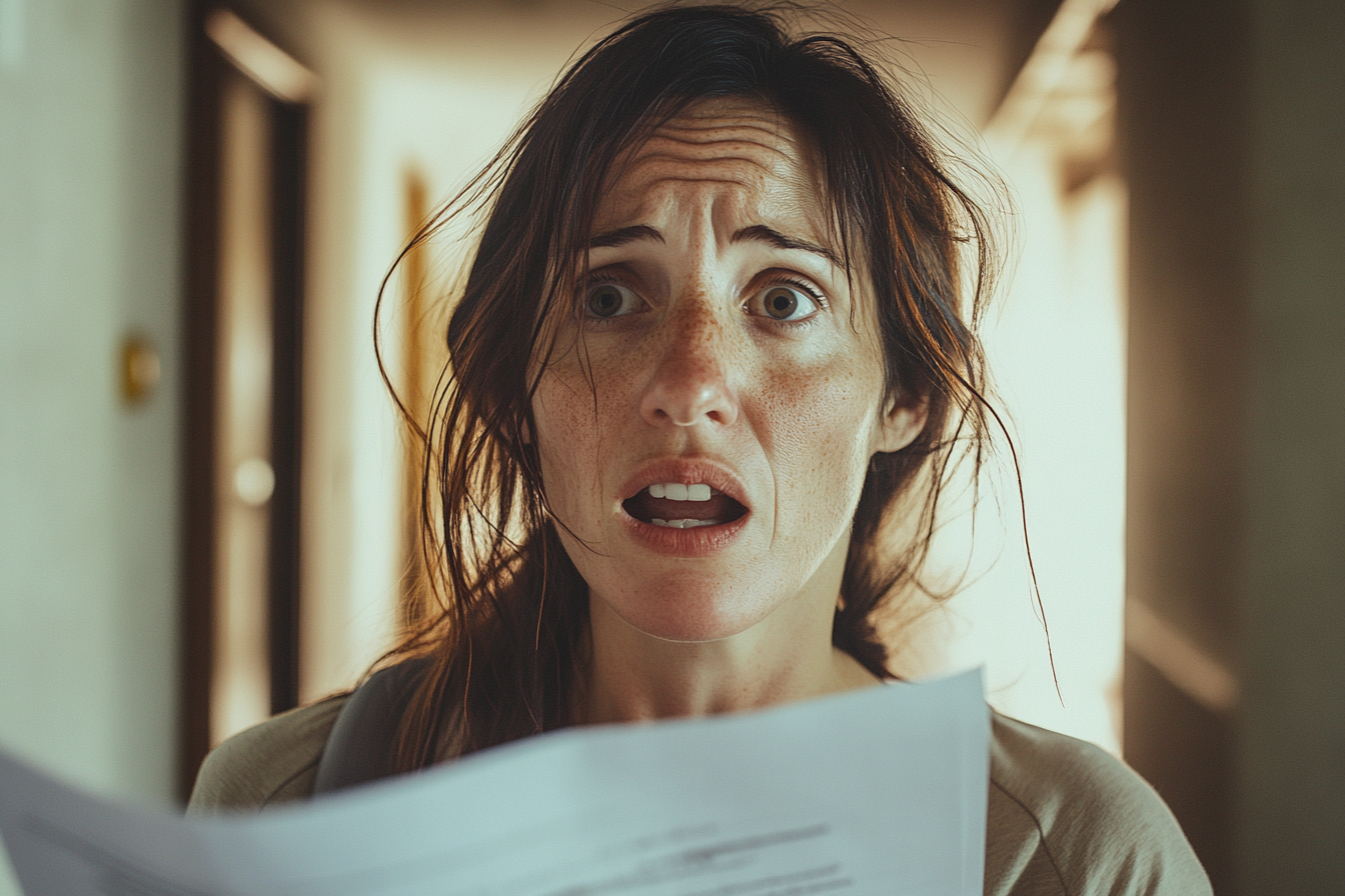 A shocked woman looking at documents | Source: Midjourney