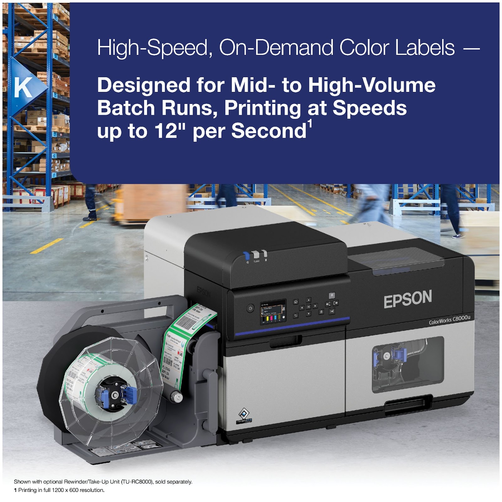 Epson ColorWorks C8000 label printer in a warehouse environment