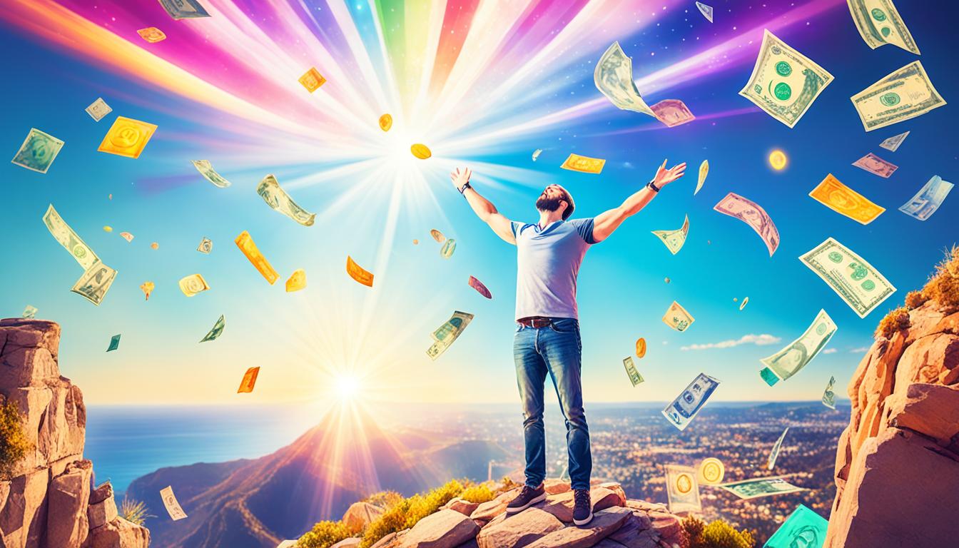 An image of a person standing at the edge of a cliff with their arms outstretched, looking up towards the sky as colorful beams of light radiate from their body. In the background, various objects and symbols representing abundance, such as money, a happy family, a dream job, and a luxurious home, hover in the air.