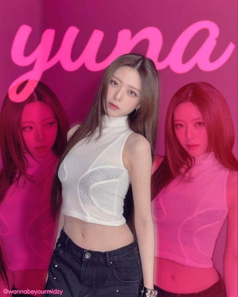 This contain  an image of ITZY Yuna in front of a pink wall with the word yuna on it