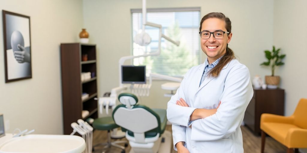 Dental office with a smiling dentist and modern equipment.
