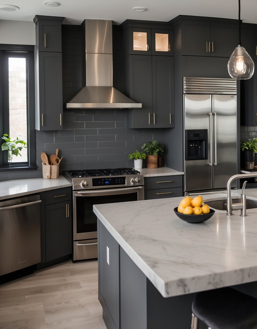 A modern kitchen with Greige Glory 32 Dark Gray cabinets, sleek countertops, and stainless steel appliances