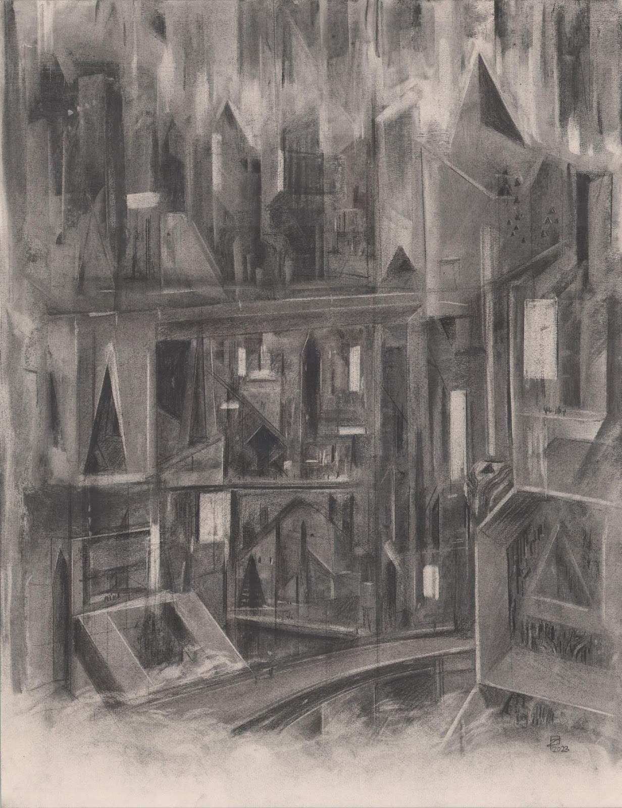 Kamal Zakkour e Abir Gasmi, la città Spaventata (ispirato da Le città invisibili), charcoal on paper
