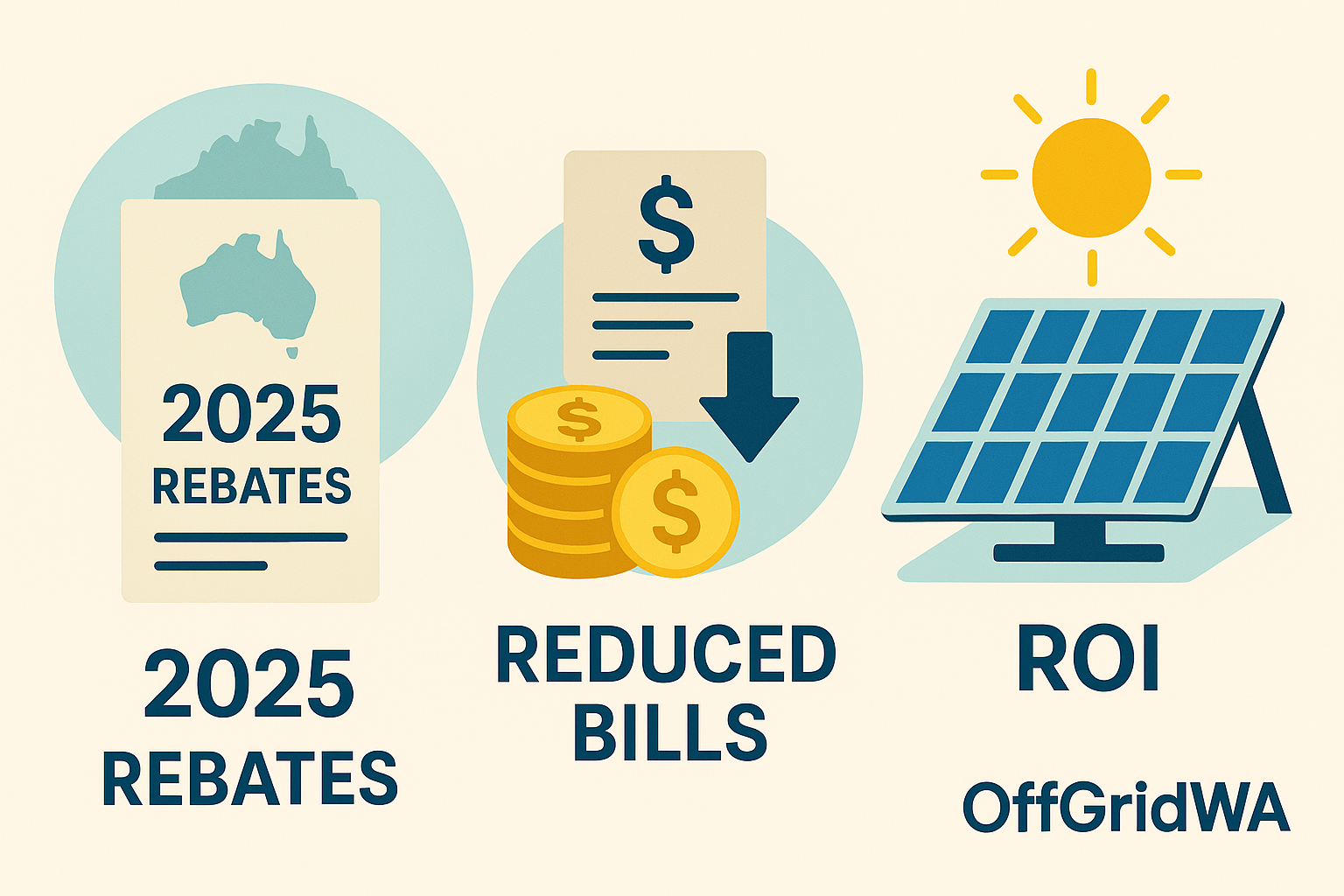 Illustrated infographic highlighting 2025 solar rebates in Australia, reduced energy bills, and return on investment for solar power.
