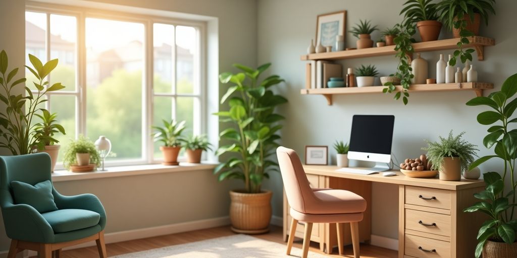 Ein einladendes Büro mit Schreibtisch und Heilwerkzeugen.