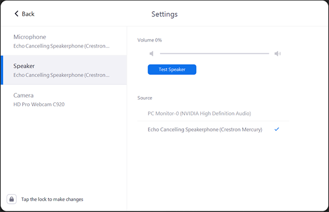 Settings screen on the DTen showing options to test and select speaker sources.