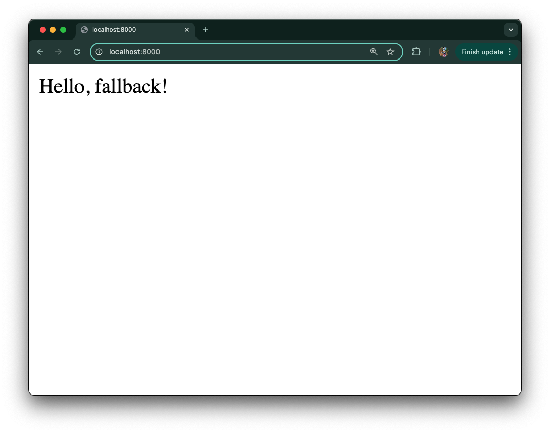 Web browser showing default response, "Hello, fallback!"