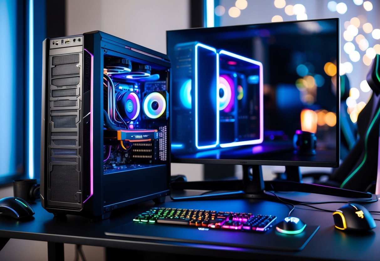 Uma configuração completa de PC para jogos com componentes de alto desempenho e refrigeração avançada, cercada por periféricos de jogos imersivos e um design moderno e elegante.