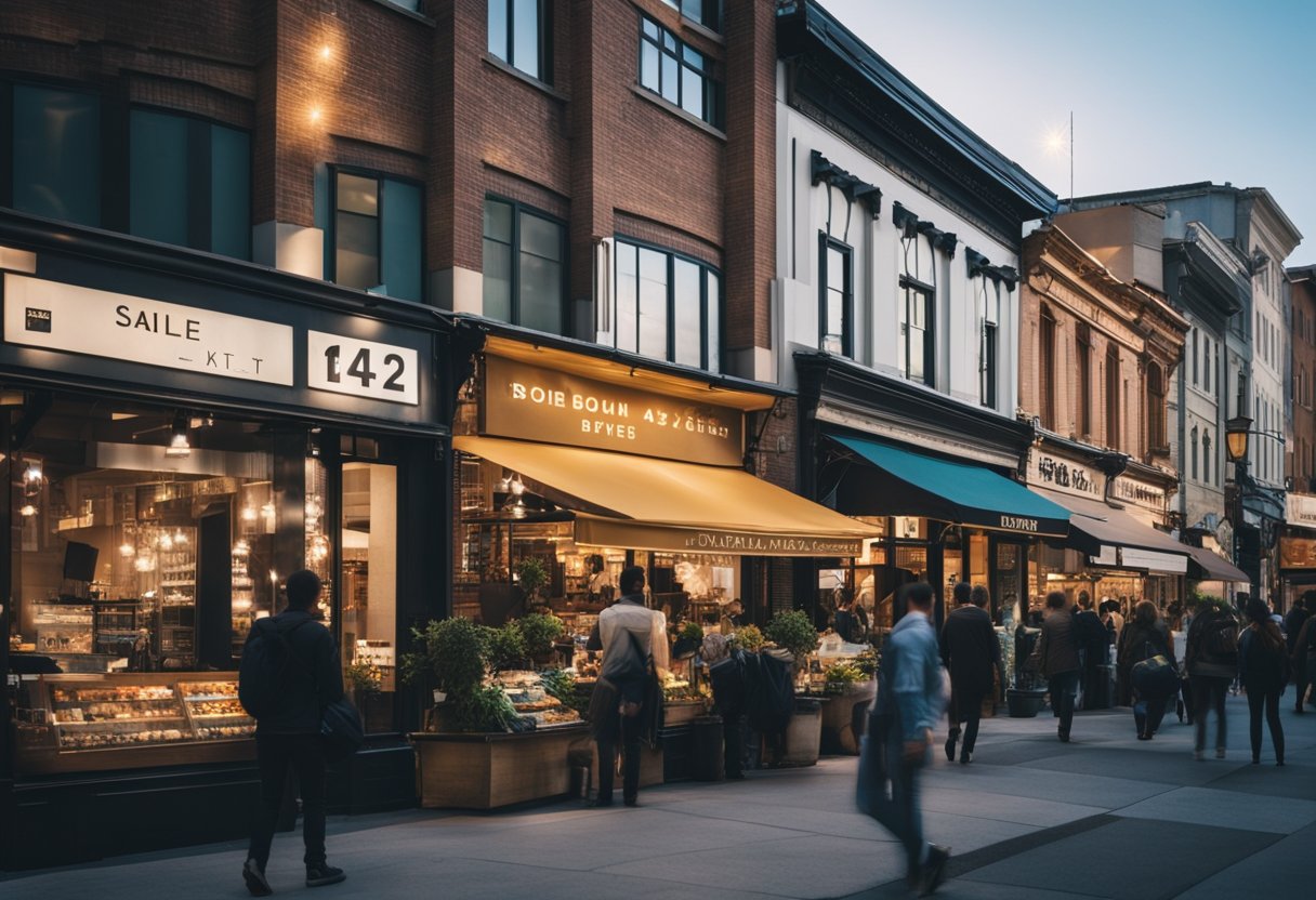 A bustling city street with various service-based businesses, such as restaurants, salons, and shops, each with their own unique storefront and signage
