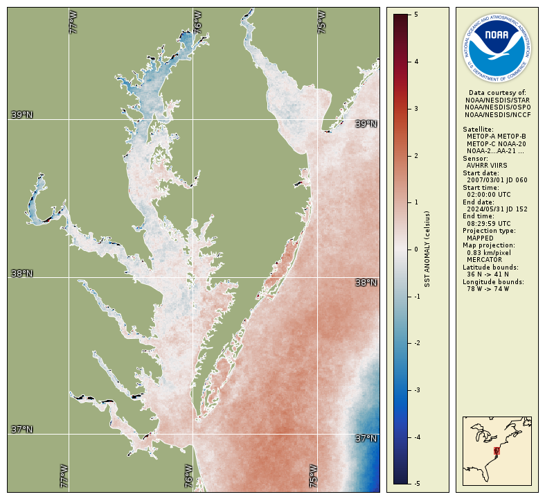 Map of Chesapeake Bay shows where surface water temperatures differed from average from March through May 2025