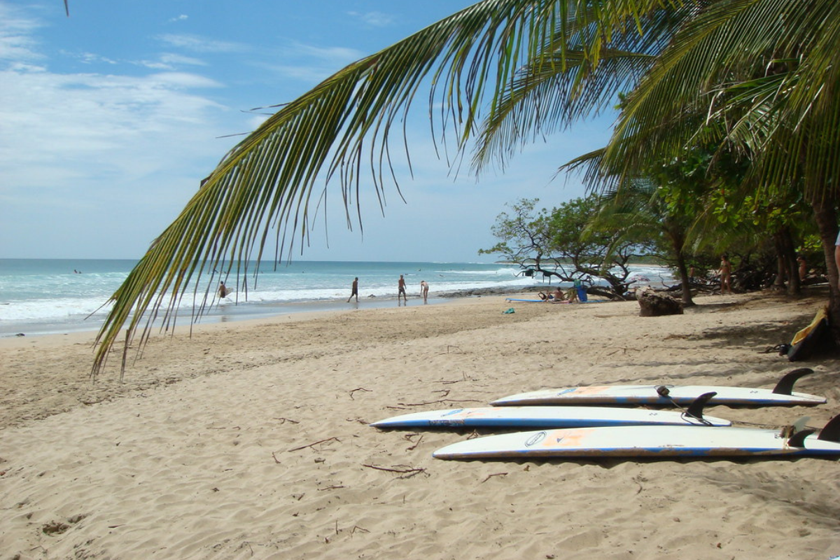 There are surf boards on the beach and people are playing on the beach 