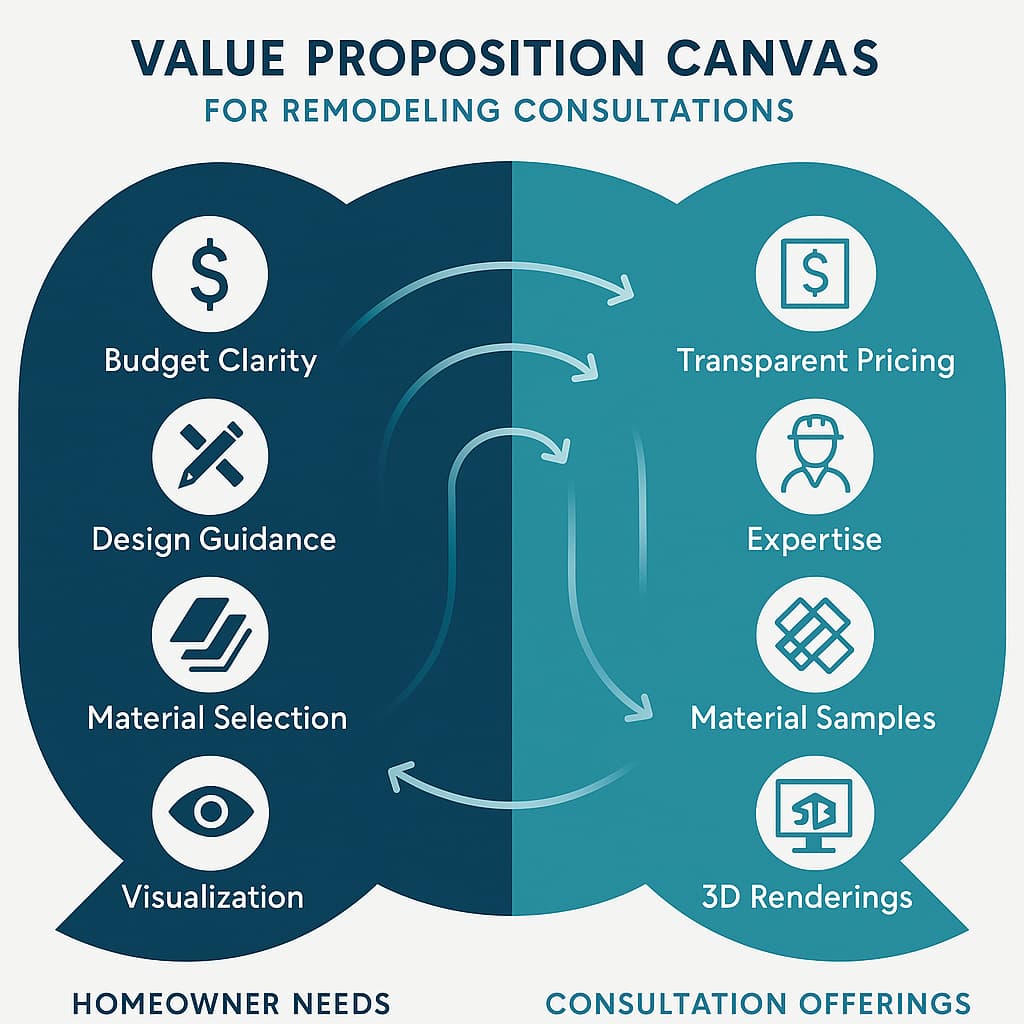 Value proposition canvas for remodeling consultations matching homeowner needs like budget clarity and design guidance with consultation offerings including transparent pricing and expertise.