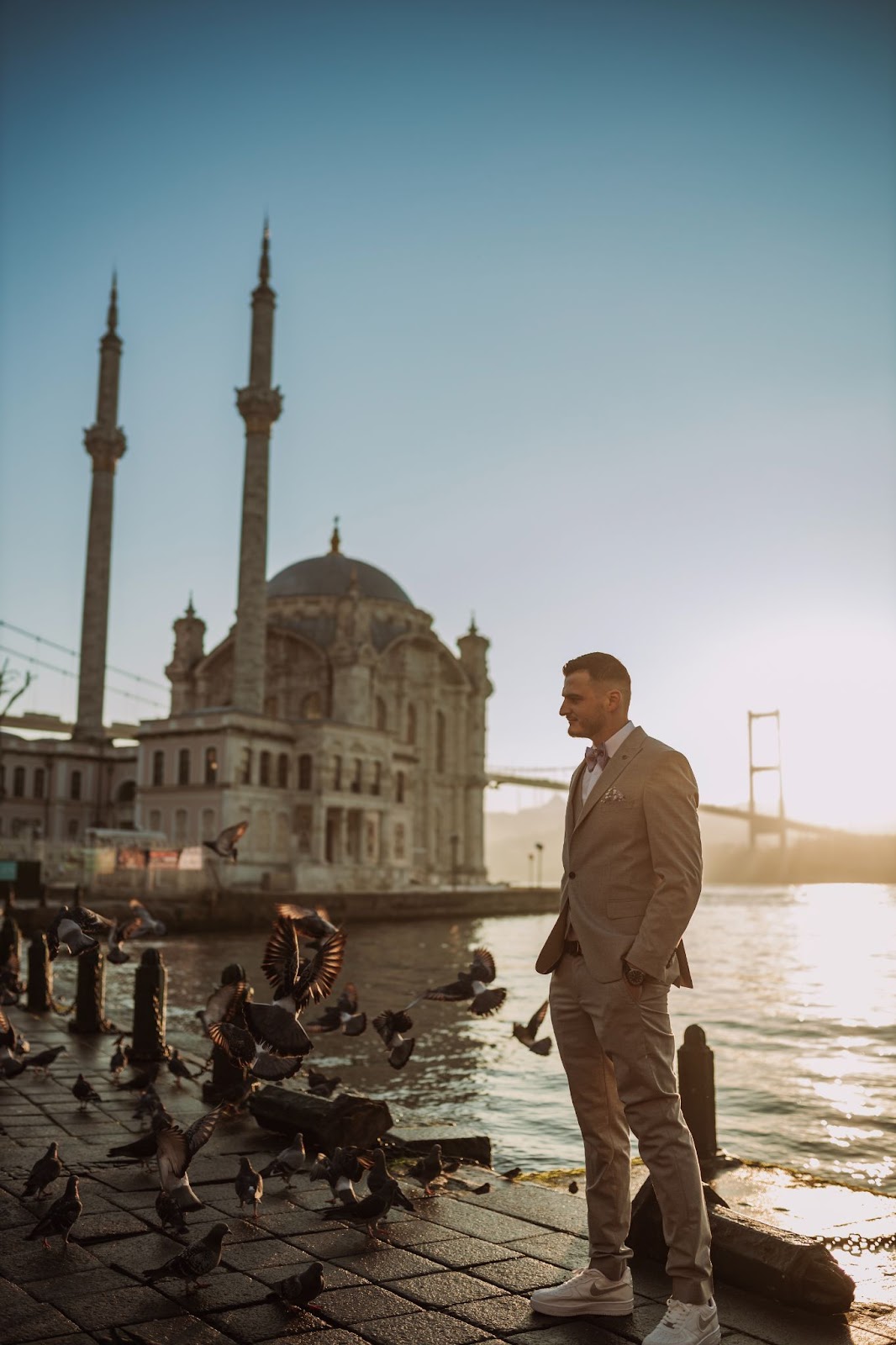 Suited up at Ortaköy Mosque, chasing sunrise