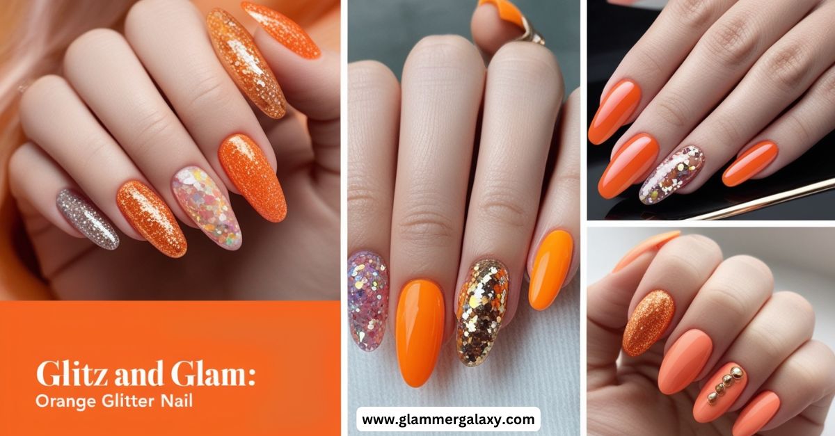 Orange nails with glitter effect