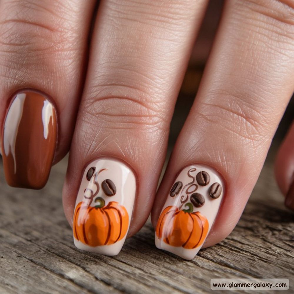 Thanksgiving Nail Designs having Pumpkin Spice Latte-Themed Nails
